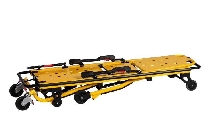 EMS personnel using a yellow stretcher