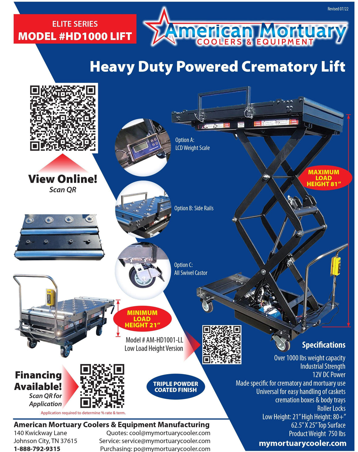 Multi-Directional Top Scissor Lift - HD 1000 MAX G1 | American Mortuary Coolers