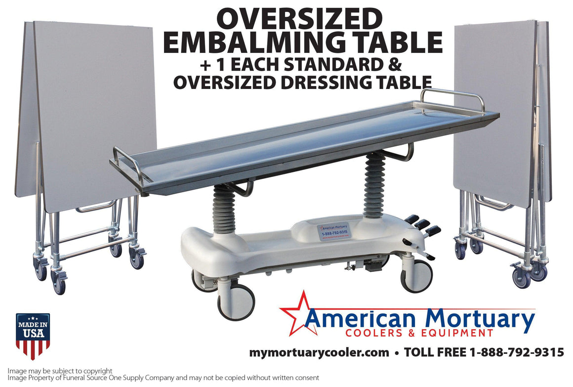 "A stainless steel embalming table with a hydraulic lift, showing its raised position and drainage trough.