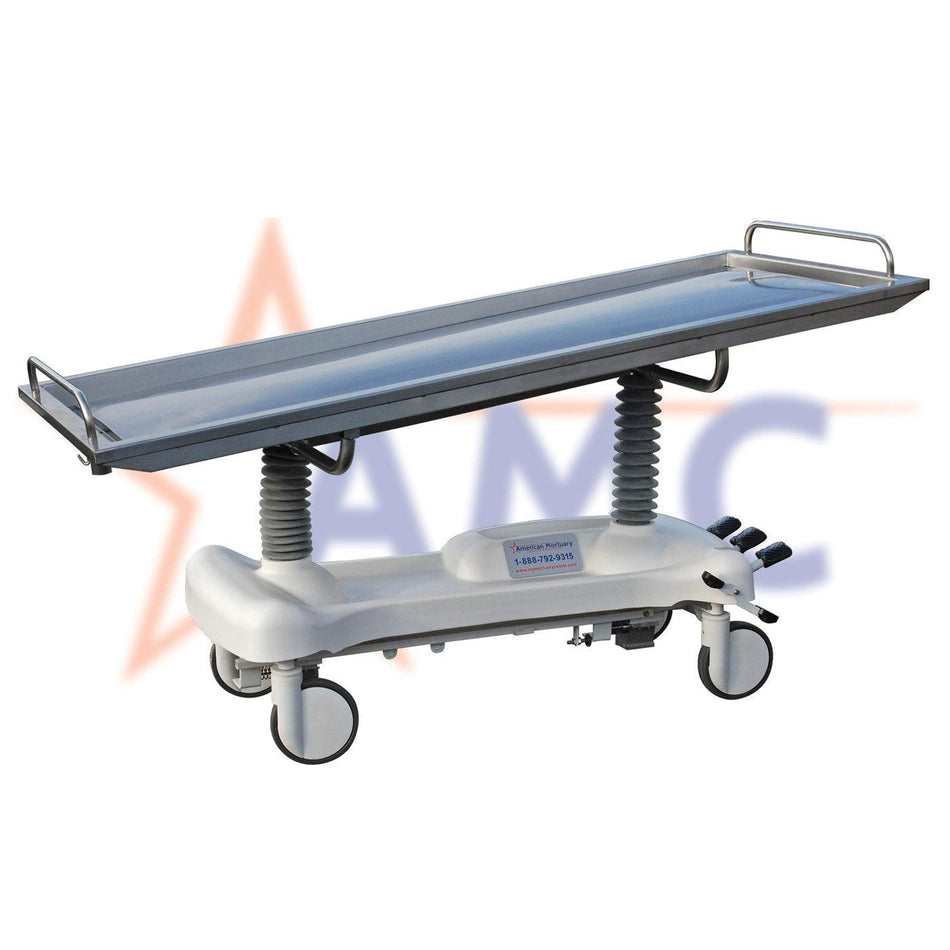 Affordable mortuary equipment: American mortuary cooler gurney with adjustable height and sturdy design.