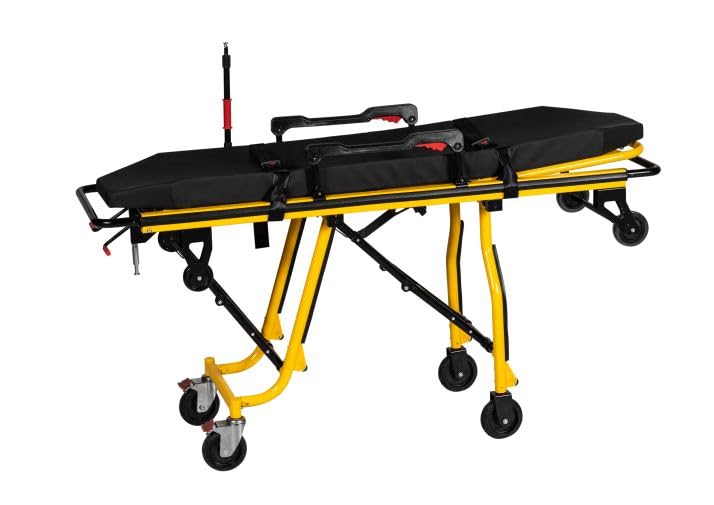 Reliable wheels on a yellow EMS stretcher