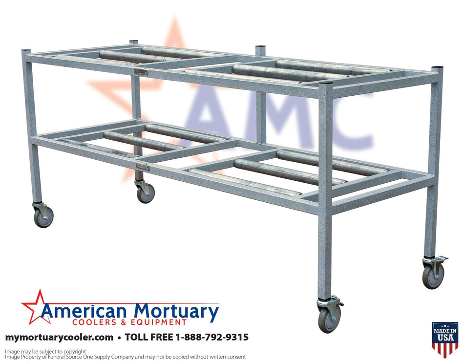 Image of a 2 tier side loading mortuary roller rack, used for cadaver storage, showing its durable steel frame and roller bars.