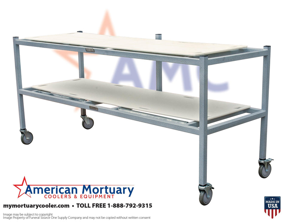 American-made 2 tier mortuary roller rack with a powder-coated finish, used for reliable cadaver storage in funeral homes and medical facilities.