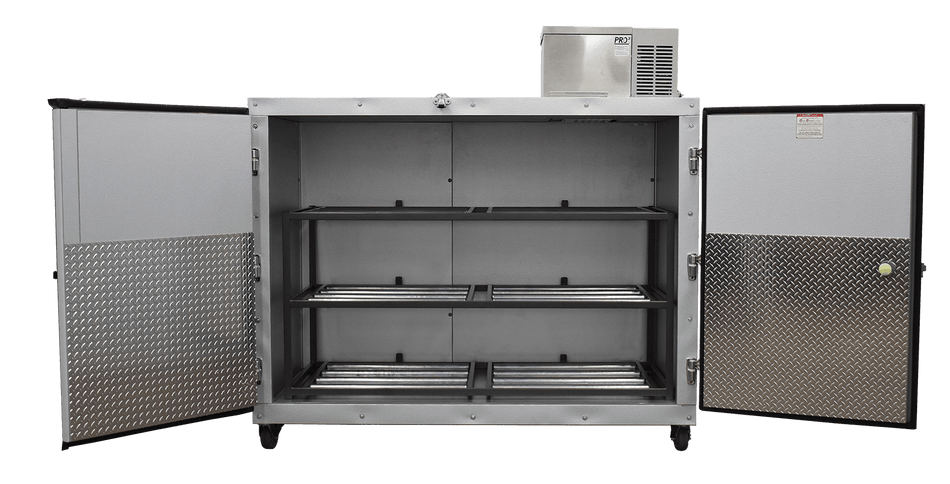 American Mortuary Coolers 3BX-SL side-loading mortuary cooler, white exterior, two large doors, optional casters.