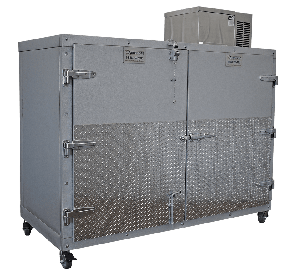 3BX-SL mortuary cooler, side-loading, 3-body capacity, 110V plug-in, chrome hardware, optional casters.