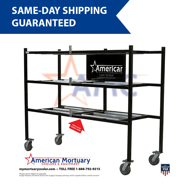 Image of the space-efficient AMC 3TSL rack, used for efficient body storage in walk-in coolers, showcasing its customizable configurations and quick ship options.