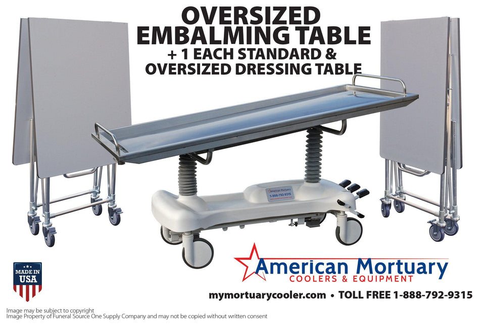 "A stainless steel embalming table with a hydraulic lift, showing its raised position and drainage trough.